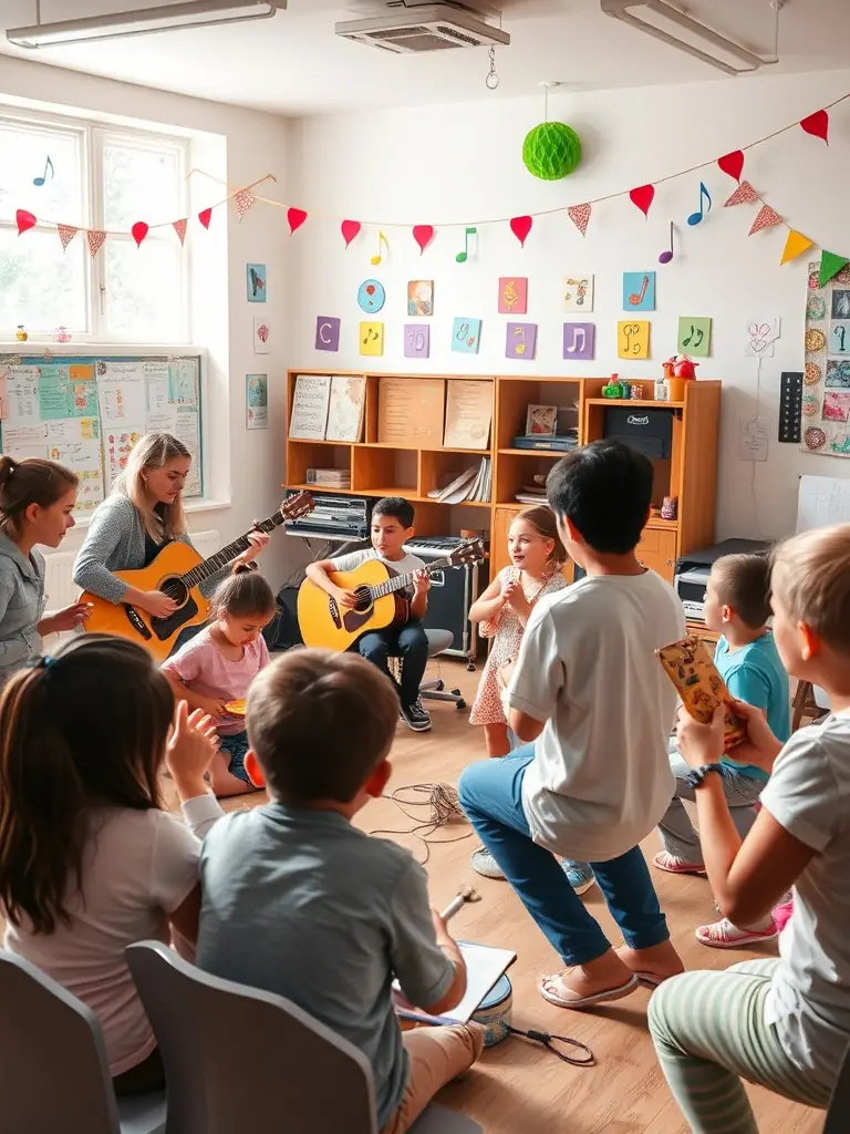 A vibrant photograph capturing a community music workshop in progress, showcasing diverse participants of all ages engaged in playing various instruments and collaborating on a musical piece, set in a brightly lit, welcoming space.