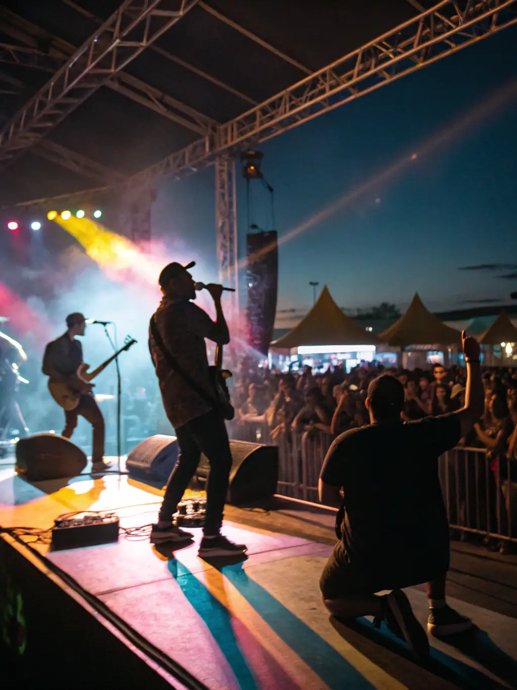 A dynamic image of a live music performance organized by ASS RYTMIC MUSIC, featuring local artists on stage and an enthusiastic audience enjoying the show.