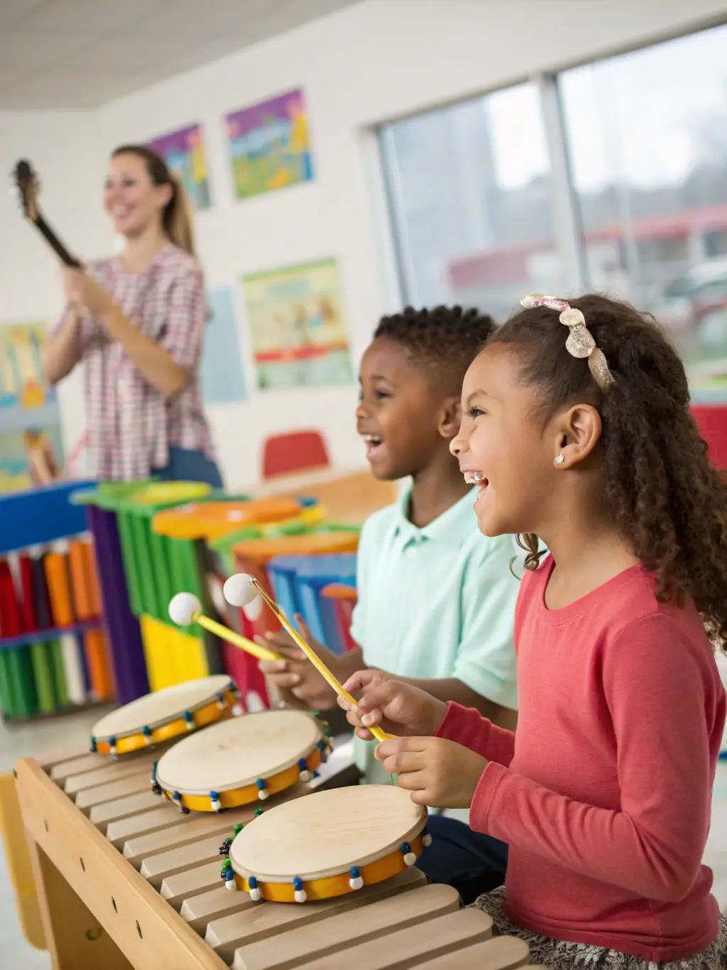 A vibrant photograph capturing a children's music workshop in Dijon, France, with kids playing various instruments and smiling, showcasing ASS RYTMIC MUSIC's commitment to music education.