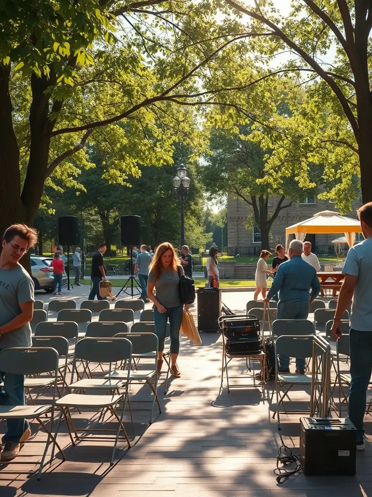 A photo of volunteers setting up for a musical event in a public park, highlighting the community involvement and collaborative spirit of ASS RYTMIC MUSIC.