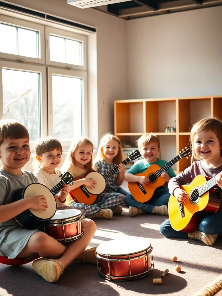 A photograph of children participating in a music education program organized by ASS RYTMIC MUSIC, showing them learning to play instruments and singing together, emphasizing the organization's commitment to youth development.