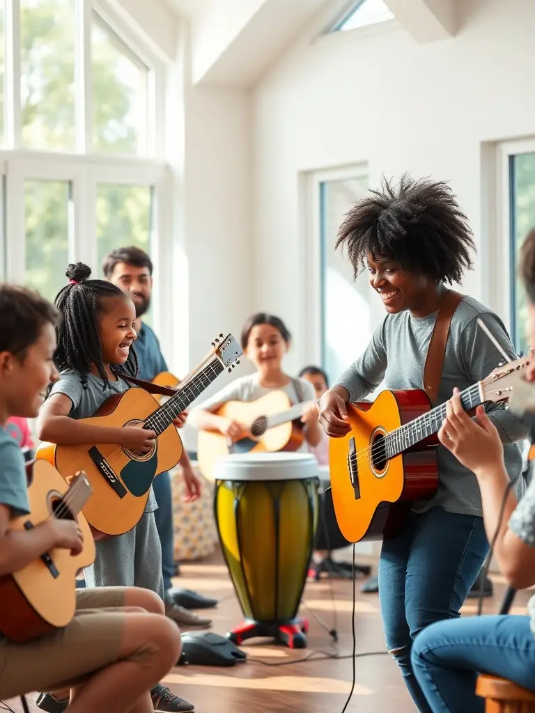 A photograph capturing a diverse group of children and adults joyfully playing various musical instruments together in a community center, showcasing the inclusive nature of ASS RYTMIC MUSIC's workshops.